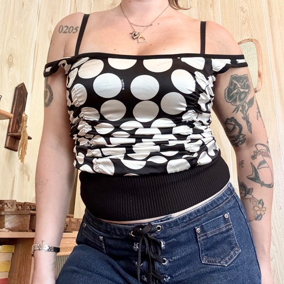 Vintage Women's Small Black and White Polka Dot Silky Ruched Tank Top - Picture 6 of 8